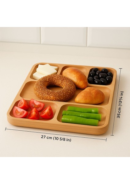 6 Bölmeli Masif Kayın Ahşap Sunumluk | Doğal Ahşap Kahvaltı & Servis Tabağı – 27X34 cm modelleri