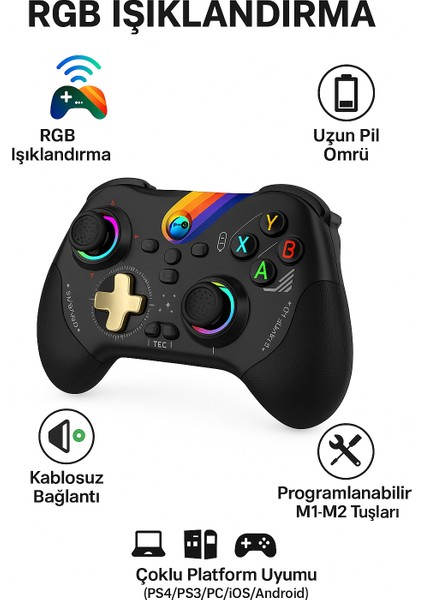 Rgb Işıklı Switch/ps3/ps4/android/ios Mfi/pc/steam Uyumlu Kablosuz Bluetooth Gamepad