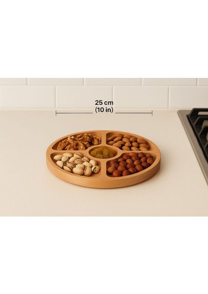 Yuvarlak Masif Kayın Ahşap Sunumluk | 5 Bölmeli Kahvaltı & Çerezlik Servis Tabağı – 25X25 cm fiyatları