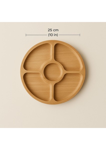 Yuvarlak Masif Kayın Ahşap Sunumluk | 5 Bölmeli Kahvaltı & Çerezlik Servis Tabağı – 25X25 cm modelleri