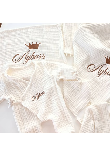 Kişiye Özel 6'lı Müslin Hastane Çıkışı Seti – Taç Nakışlı, 4 Kat %100 Pamuk modelleri