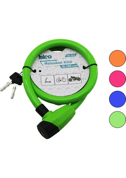 Anahtarlı Kalın Motor - Bisiklet Kilit Çelik Tel Renkli Kılıf 18MMX100CM (4989)