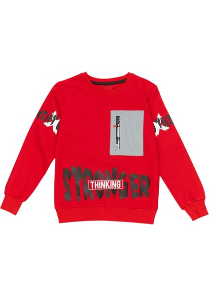 Erkek Çocuk Önü Arkası Stronger Yazı Desenli Fermuar Cepli Kırmızı Sweatshirt
