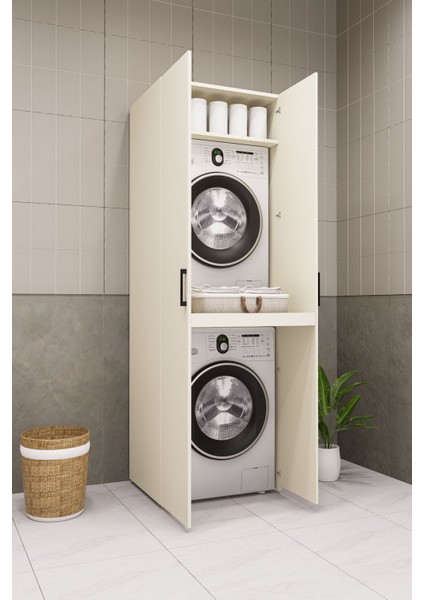 Mdf Çamaşır Makinesi ve Kurutma Makinesi Dolabı 210 Kapaklı aytaşı krem