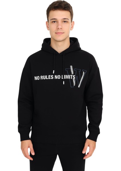 Erkek Çocuk Önü Arkası No Rules Yazılı Kapüşonlu Siyah Renk Sweatshirt