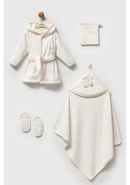 0-12 Ay Kız Bebeklere Noi Noi Tavşan Nakışlı Organik Pamuktan 4 Parça Premium Bornoz Seti