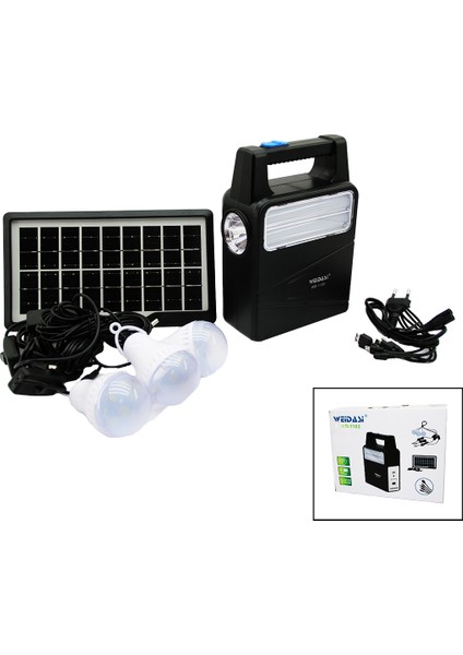 Solar Seyyar Panelli - Fiş Şarjlı 2in1 Dikey Model El Feneri - 3 Parça Ampul Kablolu - Powerbank (4989)