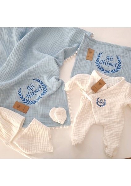 Isme Özel 6 Parça Müslin Hastane Çıkışı Seti – Mavi ve Ekru Kombin