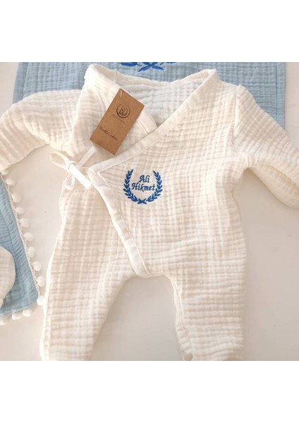 Isme Özel 6 Parça Müslin Hastane Çıkışı Seti – Mavi ve Ekru Kombin fiyatları