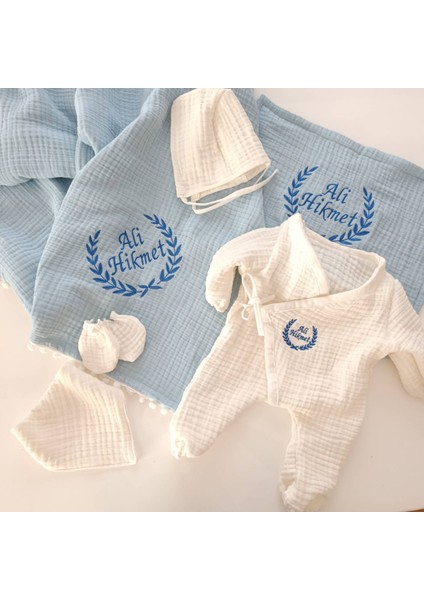 Isme Özel 6 Parça Müslin Hastane Çıkışı Seti – Mavi ve Ekru Kombin modelleri