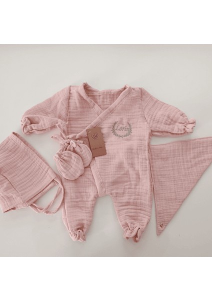 Isme Özel Müslin Hastane Çıkışı – 4'lü Bebek Seti | Pembe