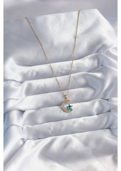 Gold Renk 316 L Çelik Zincir Zirkon Taş Detay Hilal Yıldızı Figür Kadın Kolye Vice-5353 fırsatları