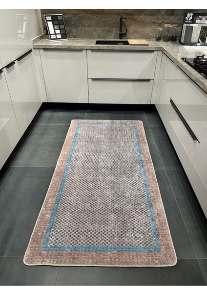 Kahve-Mavi Jüt Sisal Görünüm Bordürlü Kaymaz Taban Yolluk Mutfak Halı indirimleri