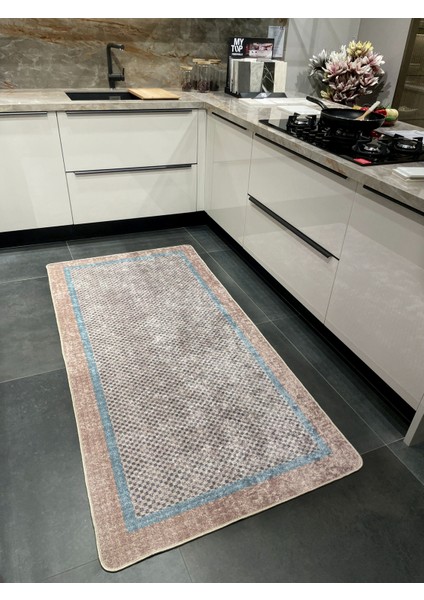Kahve-Mavi Jüt Sisal Görünüm Bordürlü Kaymaz Taban Yolluk Mutfak Halı
