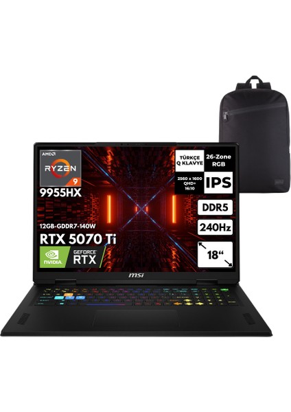 Msı Nb Vector A18 Hx R9-9955HX 48 -Gbddr5 RTX5070TI (12 Gb-Gddr7) 2 Tbssd 18" Qhd+ 240Hz Windows 11 Home + Hmf Sırt Çantası A9WHG-094TRHMF7