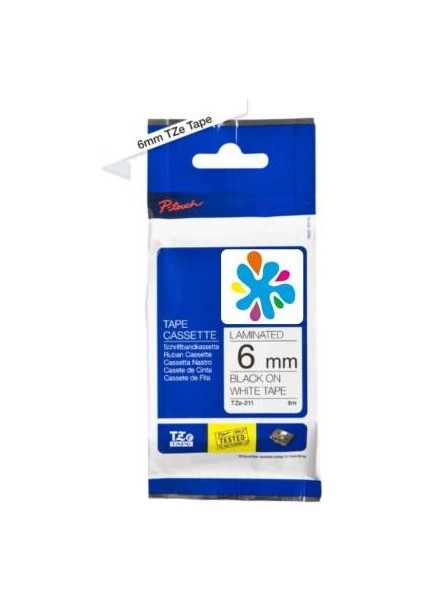 TZE-211 Beyaz Üzerine Siyah Muadil Etiket Seridi 6mm x 8mm