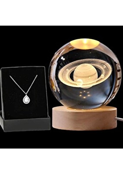 Işıklı Satürn Gezegen Cam Küresi ve Damla Kolye