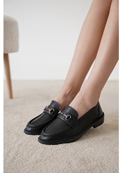 Siyah Cilt Toka Detaylı Oxford Loafer Ayakkabı
