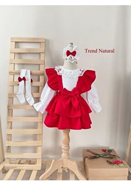 Kız Çocuk ve Bebek Kırmızı Askılı Kat Kat Etek Salopet Jile Gömlek Bandana Çorap Takım Kombin fiyatları