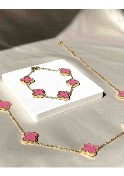 Gold Yonca Model Pembe Küpe Kolye Bileklik Seti