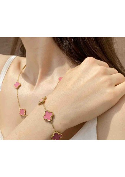 Gold Yonca Model Pembe Küpe Kolye Bileklik Seti fiyatları
