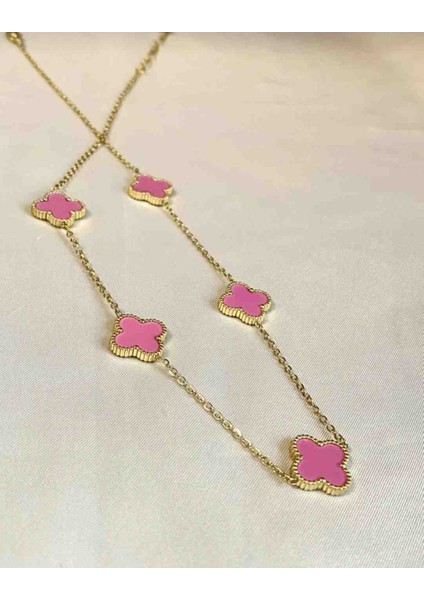 Gold Yonca Model Pembe Küpe Kolye Bileklik Seti fırsatları