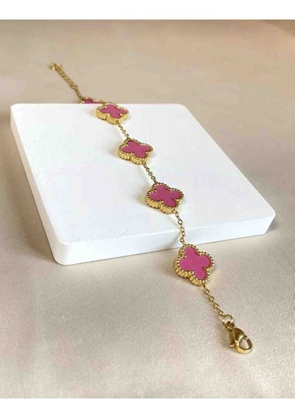 Gold Yonca Model Pembe Küpe Kolye Bileklik Seti indirimleri