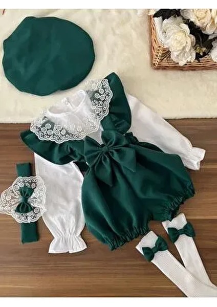 Kız Çocuk Bebek Askılı Yeşil Şort Gömlek Şapka Bandana Çorap Takım