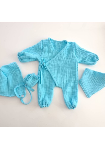 4'lü Turkuaz Müslin Yenidoğan Seti – Unisex Tasarım, 4 Kat %100 Pamuk