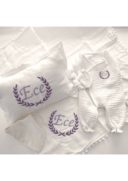 Isim Yazılı Yenidoğan Hastane Çıkışı Seti - 6 Parça Kişiye Özel Müslin Bebek Ürünleri
