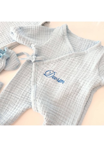 Kişiye Özel 5'li Zürafa Nakışlı Müslin Hastane Çıkışı | Mavi Renk, 4 Kat %100 Pamuk fiyatları