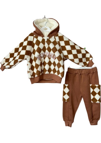 Unisex Çocuk Kahverengi Dama Desenli Kapüşonlu Pelüş Kargo Cepli Kışlık Eşofman Takımı fiyatları