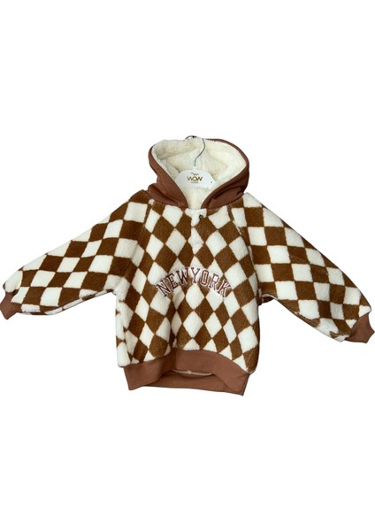 Unisex Çocuk Kahverengi Dama Desenli Kapüşonlu Pelüş Kargo Cepli Kışlık Eşofman Takımı modelleri