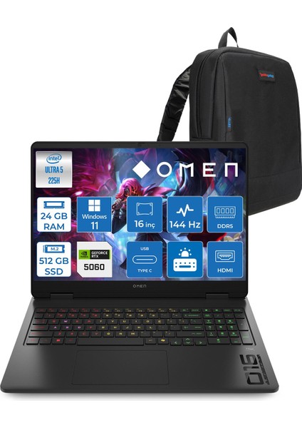 Omen 16-AM0037NT Intel Core Ultra 5 225H 24GB Ddr5 512GB SSD RTX5060 8gb Gddr7 Windows 11 Pro 16 Inç Wuxga (1920X1200) 144Hz 300NITS IPS Taşınabilir Bilgisayar C39JBEAP07 + Zetta Çanta