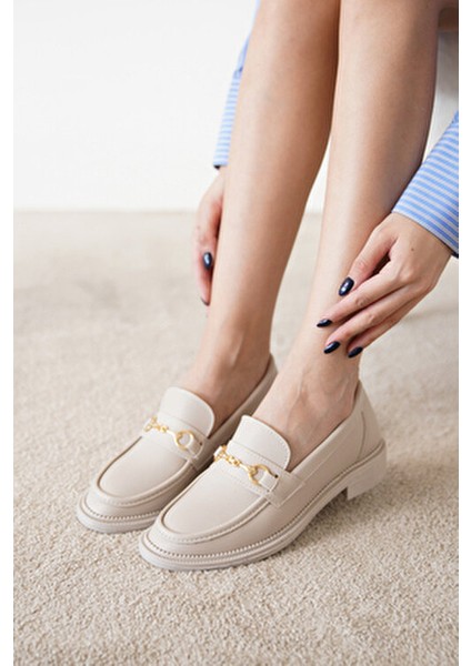 Bej Rengi Cilt Gold Toka Detaylı Oxford Loafer Ayakkabı