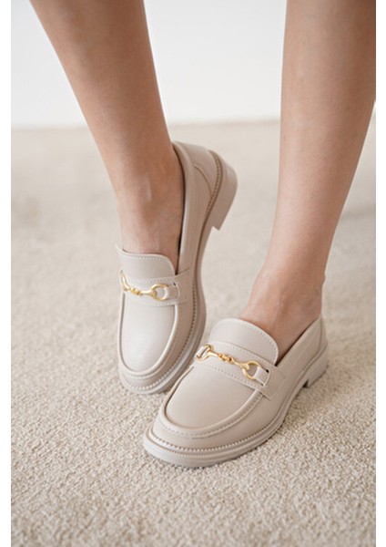 Bej Rengi Cilt Gold Toka Detaylı Oxford Loafer Ayakkabı