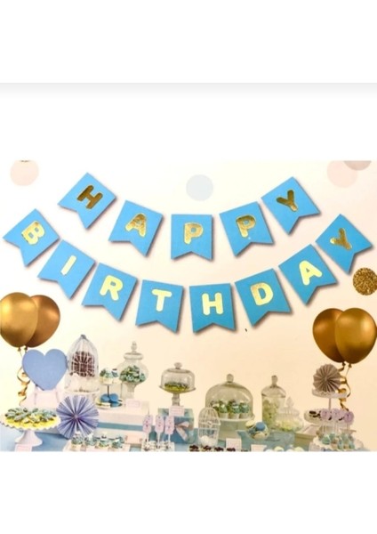 Happy Birthday Banner Mavi Üstüne Gold Altın Sarısı Yaldızlı