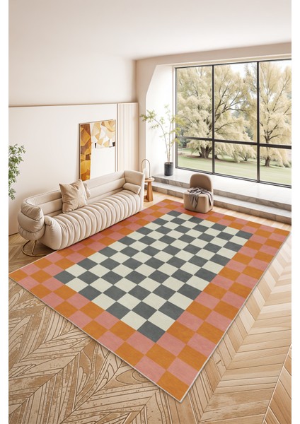 Geometrik Dama Desenli Yıkanabilir Kaymaz Taban Salon Halısı