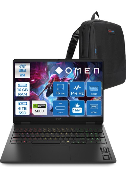 Omen 16-AM0037NT Intel Core Ultra 5 225H 16GB Ddr5 6tb SSD RTX5060 8gb Gddr7 Freedos 16 Inç Wuxga (1920X1200) 144Hz 300NITS IPS Taşınabilir Bilgisayar C39JBEAF05 + Zetta Çanta