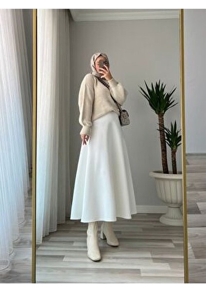 Kadın Puf Scuba Tesettür Beyaz Kloş Etek