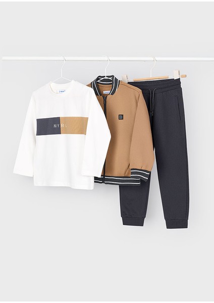 3’lü Erkek Çocuk Takım | 4-10 Yaş | Kahve Hırka + Ekru Baskılı Tişört + Antrasit Eşofman Altı fırsatları