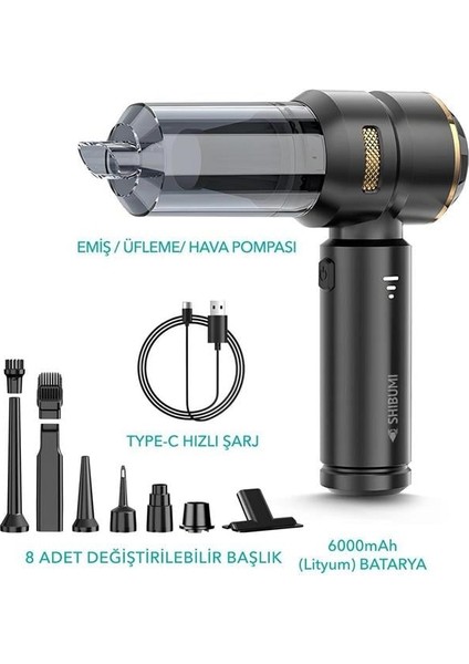 Shibumi Tornada 100 Watt 6000MAH 16000PA Çekiş Gücü 8 Adet Başlıklı Şarjlı Güçlü Üfleme Araç Içi Süpürge fırsatları