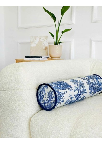 Mavi Fransız Köylüsü Keten Bolster Yastık. Silindir Rulo Ic Dolgulu Fermuarlı Yastık