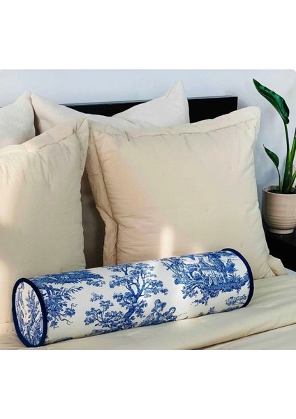 Mavi Fransız Köylüsü Keten Bolster Yastık. Silindir Rulo Ic Dolgulu Fermuarlı Yastık fiyatları