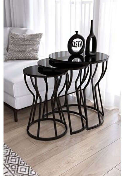 C Kum Saati 3'lü Zigon Sehpa Takımı Siyah Ayak - Siyah Cam