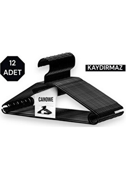 Plastik Elbise Askısı Siyah 12 Adet Kaymaz Askı