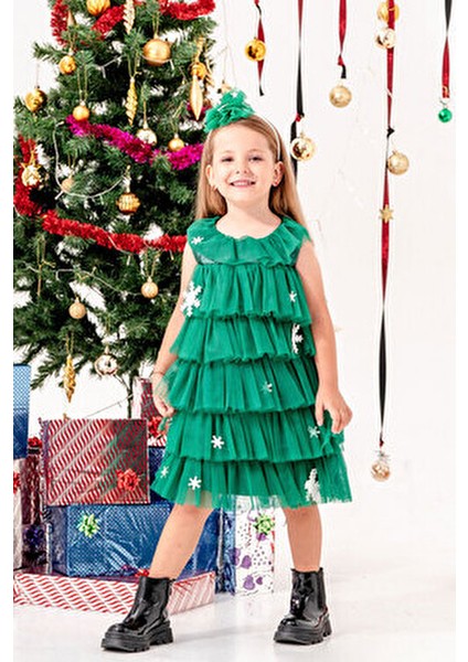 Kartanesi Detaylı Tokalı Kız Çocuk Noel Elbise