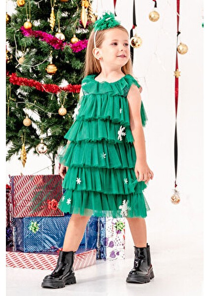 Kartanesi Detaylı Tokalı Kız Çocuk Noel Elbise modelleri