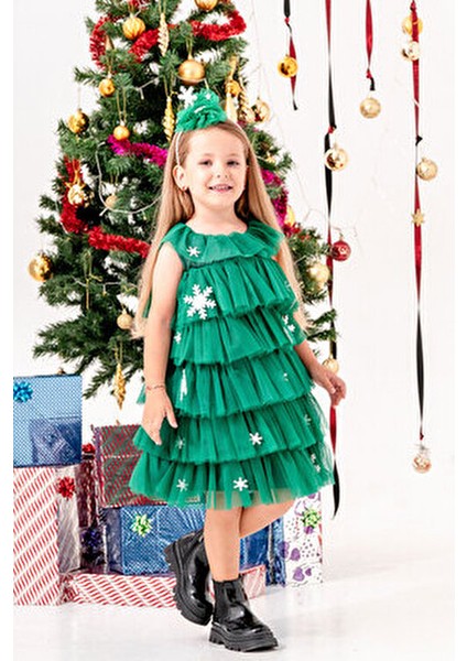 Kartanesi Detaylı Tokalı Kız Çocuk Noel Elbise fırsatları