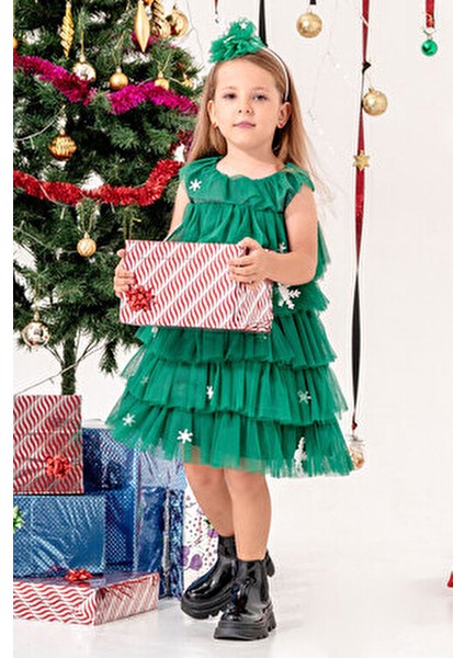 Kartanesi Detaylı Tokalı Kız Çocuk Noel Elbise indirimleri